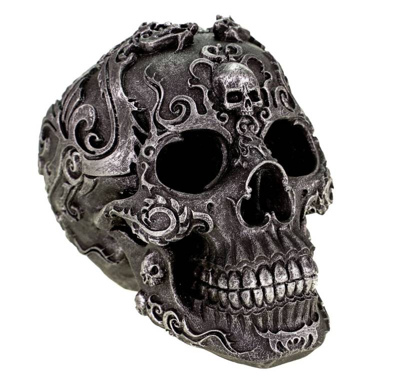 Vogler Dekofigur Gothik Skull schwarzer Totenschädel mit silbernen Symbolen 17 cm von Vogler