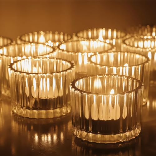 Vohocandle 12 Stück Teelichthalter Glas für Heimdekoration, Gerippte Teelichtgläser Vintage für Weihnachtsdekoration, Clear Kleine Teelichter Glas für Hochzeit und Geburtstagsparty (5 cm × 3,5 cm) von Vohocandle