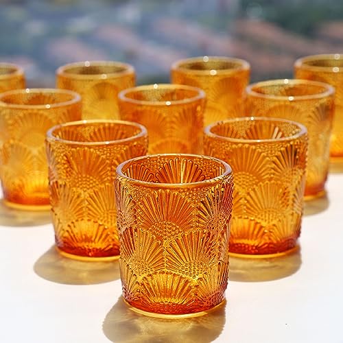 Vohocandle 12 Stück Amber Teelichthalter Glas, Ginkgo-Biloba Teelichter Gläser (5,5 W × 6,5 H cm) im Großpack für Raumdekoration, Teelichtgläser Herbst für Thanksgiving-Dekorationen, Partydekoration von Vohocandle