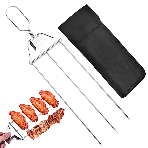 Voiakiu Halbautomatische Grillgabel aus Edelstahl, 3 Way Grill Skewers, Edelstahl-schaschlikspieße mit Schieberegler, Grill Spieße mit Bürste, Wiederverwendbare Metall Grill Spieße von Voiakiu