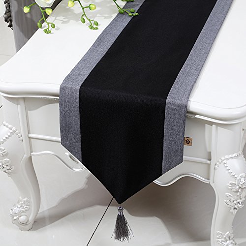 Voici et Voila Tischläufer Herbst Landhausstil Deko Tischläufer Schwarz Weihnachten Tischdeko Tisch Läufer Baumwolle Natur mit Quasten Hochzeit Table Runner Home 33 * 230CM von Voici et Voila