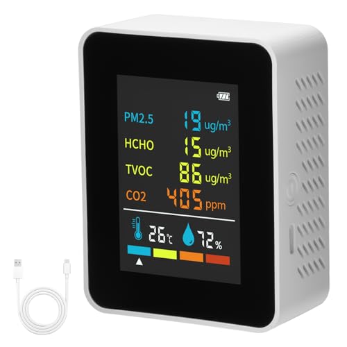 6-in-1 Kohlendioxid-Detektor, Kohlendioxid-Detektor mit LED-Anzeige, tragbares Luftqualitätsmessgerät, für Innen- und Außenbereich, PM2.5, PM10, HCHO TVOC Temperatur Luftfeuchtigkeit von Voktta