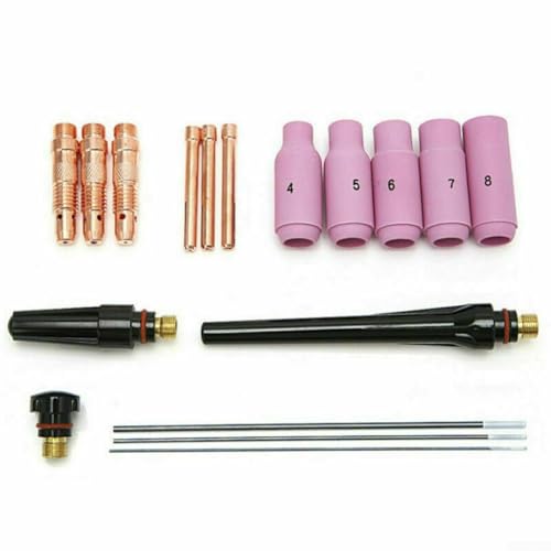 Volakebeing 17-teiliges Set für WIG-Gaslinsen, Spannzangenkörper, Verbrauchsmaterialien für WP 17, 18, 26, Taschenlampe mit Keramiktassen, Elektroden, Schweißzubehör-Set von Volakebeing