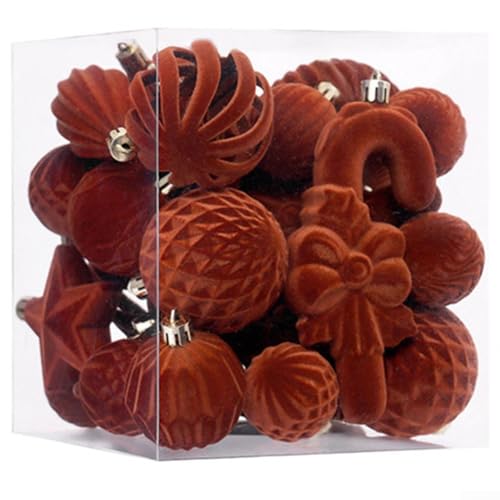 Volakebeing 28-teiliges beflocktes Weihnachtskugel-Ornament-Set für Weihnachtsbaumdekoration, elegante burgunderrot, beige, hellbraun, dunkelgrün und dunkelbraune Kugeln (hellbraun) von Volakebeing