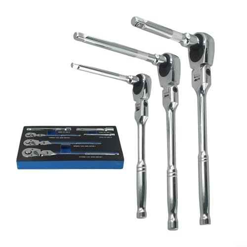 Volakebeing 6-teiliges Ratschenschlüssel-Set mit 1/4-, 3/8-, 1/2-Zoll-Antriebskopf mit schwenkbaren Verlängerungsstangen, 72-Zahn-Feingetriebe und Schnellentriegelungsknopf von Volakebeing