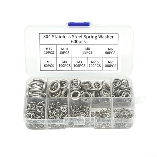Volakebeing 600 Stück Edelstahl Federsicherungsscheiben Sortiment Kit M2-M12 für Bolzen Schrauben Bau Automotive DIY Projekte mit Aufbewahrungsbox von Volakebeing