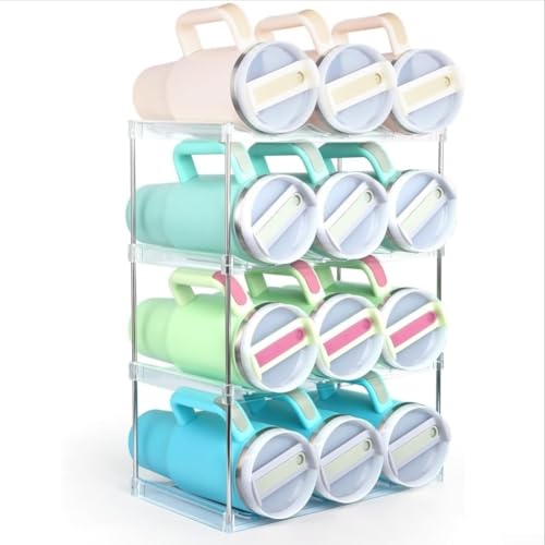 Volakebeing Getränkehalter, Organizer, 4-stöckig, stapelbar, Acryl, für 12 Tassen oder 1,2 l Becher mit Edelstahlrohren für Küche, Kühlschrank (4) von Volakebeing