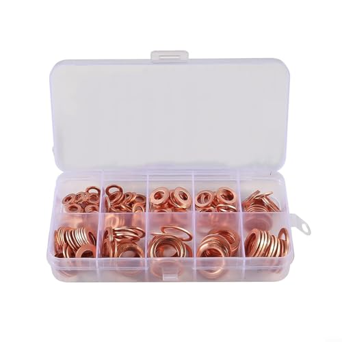Volakebeing Kupfer-Unterlegscheiben-Set, 100 Stück, flache Ringdichtung, Sortiment, Kit mit transparenter Aufbewahrungsbox, violette Kupfer-Unterlegscheiben, 9 mm-18 mm Durchmesser von Volakebeing