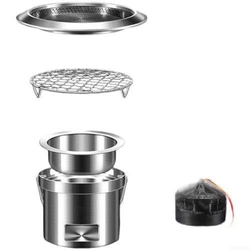 Volakebeing Outdoor Tragbarer Edelstahl BBQ Grill mit Teeherd, Multifunktionales Kochutensil zum Grillen Kochen Braten, Kompatibel mit Holzkohlealkoholblöcken (C) von Volakebeing