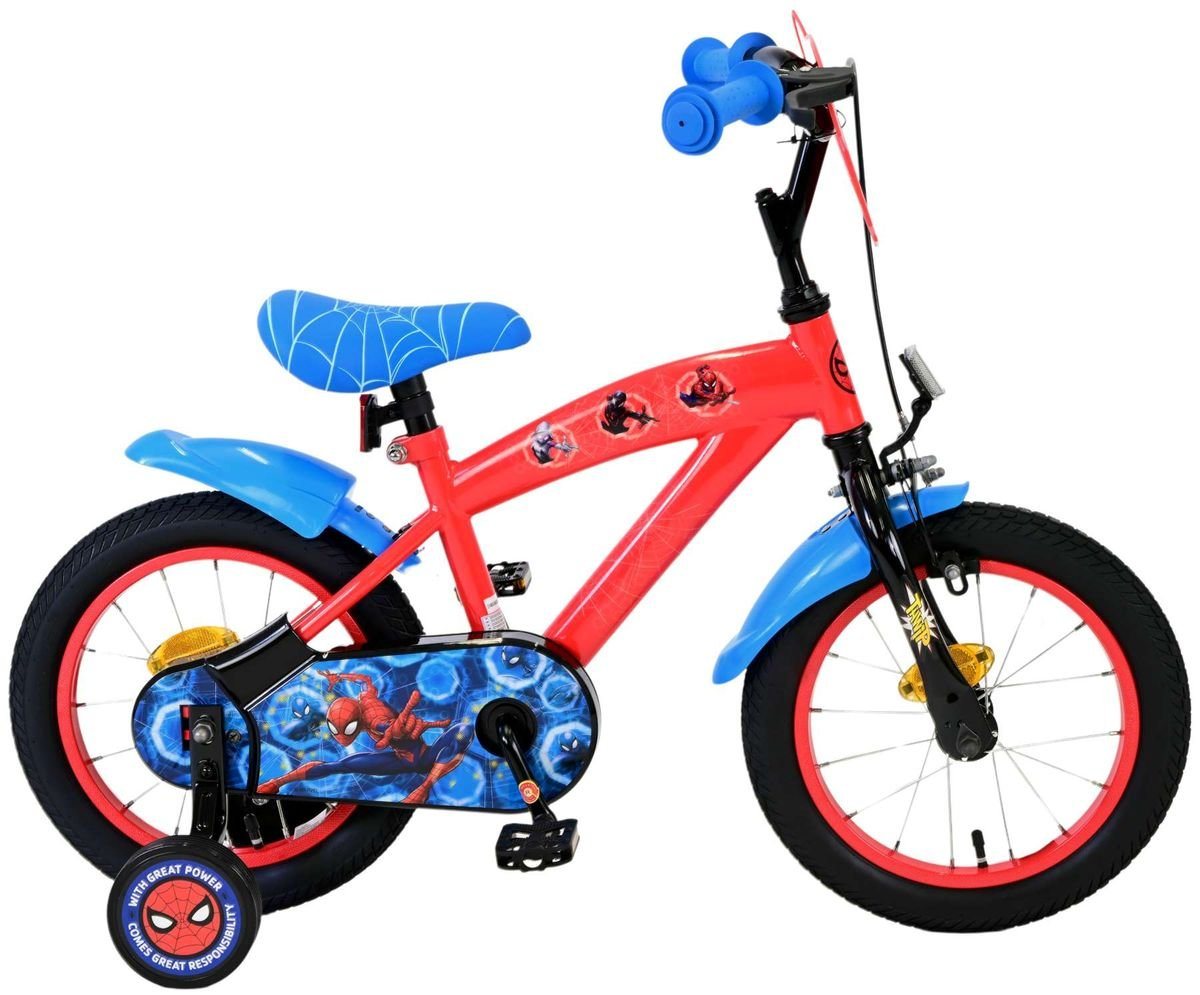 Volare Kinderfahrrad 14 Zoll Kinder Fahrrad Rad Disney Marvel Spiderman Volare 21483-SACB, 1 Gang, Rücktritt, Stützräder,Kettenschutz,Schutzbleche von Volare