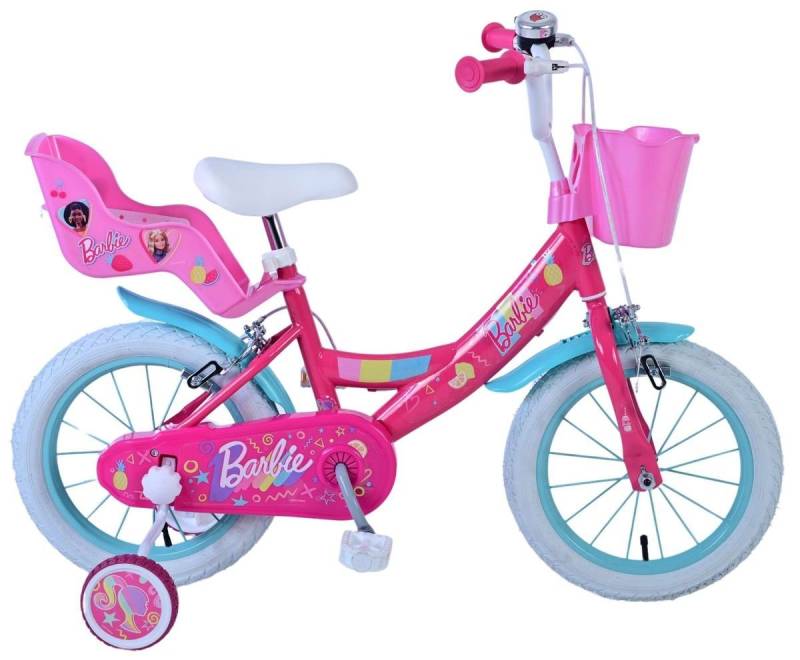 Volare Kinderfahrrad 14 Zoll Kinder Mädchen Fahrrad Mädchenfahrrad Rad Barbie 31480-DR, 1 Gang, Korb,Stützräder,Kettenschutz, Schutzbleche,Puppensitz, Klingel von Volare