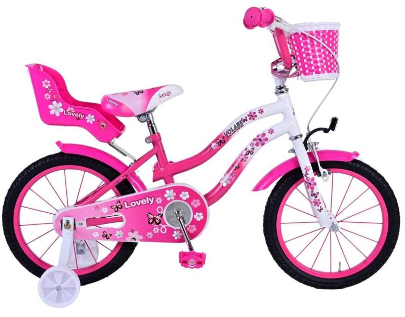 Volare Kinderfahrrad 16 Zoll Kinder Mädchen Fahrrad Kinderfahrrad Rad Bike LOVELY ROSA 1690, 1 Gang, Rücktritt, Korb, Stützräder, Puppensitz, Schutzbleche, Kettenschutz von Volare