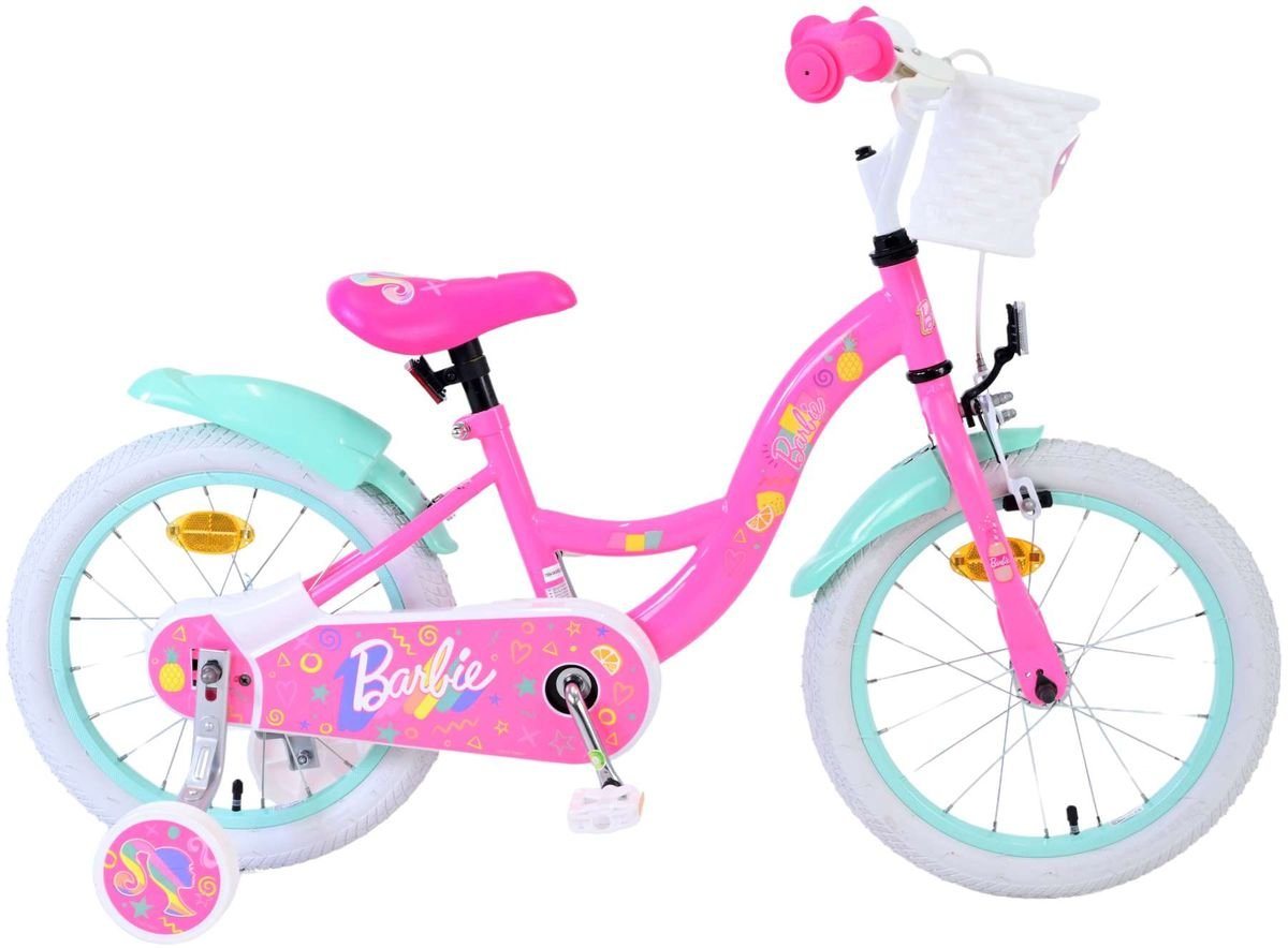 Volare Kinderfahrrad 16 Zoll Kinder Mädchen Fahrrad Mädchenfahrrad Rad Barbie 31654-SACB, 1 Gang, Rücktrittbremse, Korb,Stützräder,Kettenschutz, Schutzbleche von Volare