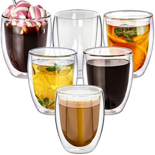CRYSTALIA Doppelwandige Latte-Tassen, 6-er Set, 350ml Doppelglas-Kafeetassen, Isolierte Doppel-wandige Glasbecher ohne Griffe, Flache Weiße Kaffeetasse, Doppelwandige Kaffeetassen, Doppelglasbecher von Volarium
