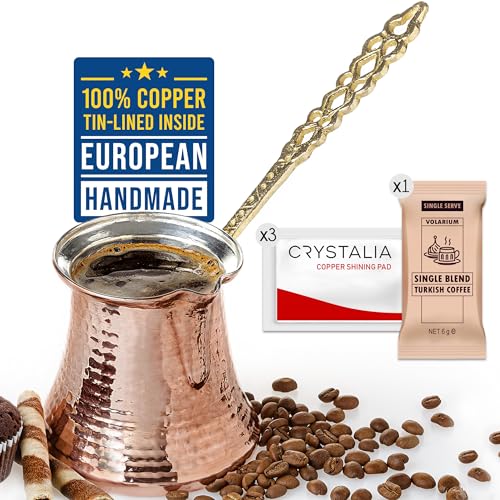 Volarium CRYSTALIA Groß Türkische Kaffeekanne Kupfer 425ml Premium Qualität Handgemachte Kupfer Cezve Kupferkanne für Türkischen Kaffee Arabisch Griechische Kaffeekanne, Kupferkaffeekanne, Mokkakanne von Volarium