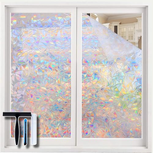 Volcanics Fensterfolie Blickdicht Selbsthaftend 90x300cm mit Montagewerkzeug, Sichtschutzfolie Regenbogen Bunt 3D, Statisch Haftend ohne Klebstoff, Anti-UV Sonnenschutz von Volcanics