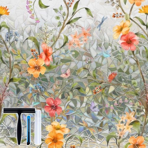 Volcanics Fensterfolie Blickdicht Selbsthaftende 44.5x200cm mit Montagewerkzeug, Sichtschutzfolie Fenster Bunt, 3D Regenbogen Folie Fenster Statisch Haftend ohne Klebstoff Anti UV Sonnenschutz von Volcanics