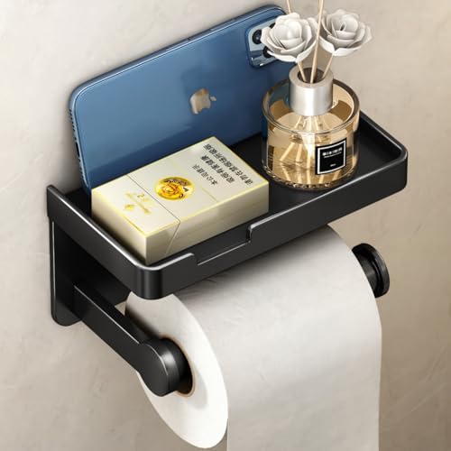 VOLDRA Toilettenpapierhalter Ohne Bohren mit Ablage, Selbstklebend Oder Schraubbar Klopapierhalter, Rostfrei & Multifunktional Badezimmer Klorollenhalter Wc Papier Halterung(Schwarz) von Voldra