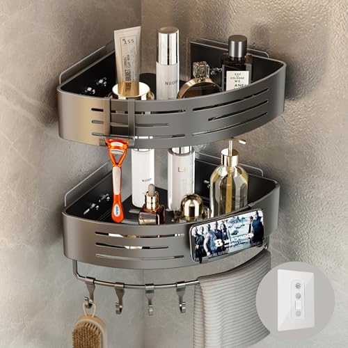 Voldra Duschablage Ohne Bohren Ecke, Duschregal Ecke Badregal Edelstahl Duschkorb Bad Zum Kleben Badezimmer Regal Duschablage Eckregal Mit 8 Abnehmbaren Haken Und Handtuchhalter（2 Stück, Grau von Voldra