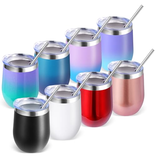 Volhoply 12oz Edelstahl Weinbecher mit Deckel Bulk 8 Pack,Doppelwandige Vakuum Stemless Weingläser,Wiederverwendbare Metall Reise Kaffeebecher mit Strohhalm,Isolierte Tassen Geschenke(Assortiert,8) von Volhoply