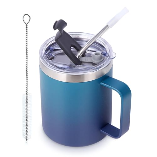 Volhoply 12oz Isolierte Auslaufsicherer KaffeeBecher mit Schiebe & Strohhalmdeckel,Doppelwandiger 350ml Edelstahl ReiseBecher mit Griff,Wiederverwendbare Camping Becher（Dunkel Nacht,1 von Volhoply