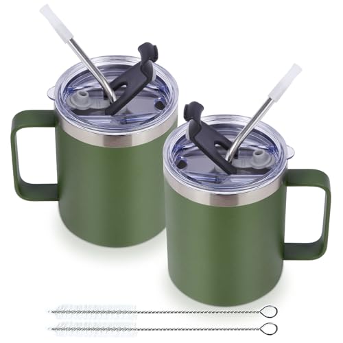 Volhoply 12oz isolierter auslaufsicherer KaffeeBecher mit Schiebe & Strohhalm Deckel Bulk 2 Pack,Double Wall 350ml Edelstahl Reise Becher Cup mit Griff,wiederverwendbare Camping Becher（Armeegrün,2 von Volhoply