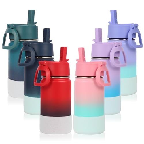 Volhoply 14oz Wasserflasche mit Strohhalm Deckel und Silikon Boot Bulk 6 Pack,410ml Edelstahl isolierte Thermoskanne für Jungen & Mädchen Multipack,Double Wall Vacuum Kids Flaschen（Assortiert,6 von Volhoply