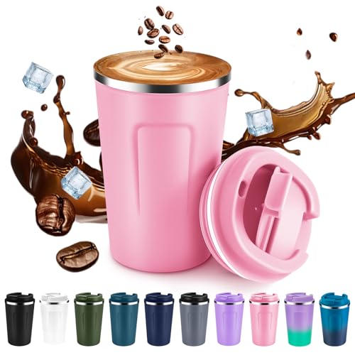 Volhoply 360 ml Doppelwandige Isolierte Vakuum-Reise Thermobecher mit Klappdeckel,Edelstahl kaffeetasse,Tragbarer Kaffeebecher für Heiße & Kalte Getränke (Rosa,1 Set) von Volhoply