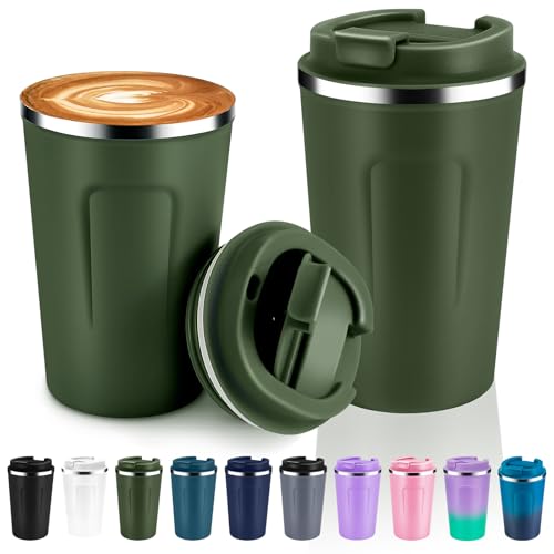Volhoply 360 ml Doppelwandige Isolierte Vakuum-Reise Thermobecher mit Klappdeckel (2er-Pack),Edelstahl kaffeetasse,Tragbarer Isolierbecher für Kalte & Heiße Getränke (Army Grün,2 Sets) von Volhoply