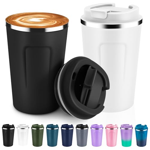 Volhoply 360 ml Doppelwandige Isolierte Vakuum-Reise Thermobecher mit Klappdeckel (2er-Pack),Edelstahl kaffeetasse,Tragbarer Isolierbecher für Kalte & Heiße Getränke (Assortiert,2 Sets) von Volhoply