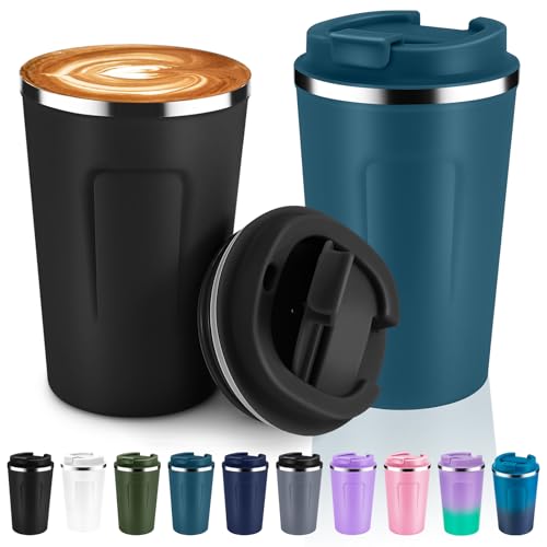 Volhoply 360 ml Doppelwandige Isolierte Vakuum-Reise Thermobecher mit Klappdeckel (2er-Pack),Edelstahl kaffeetasse,Tragbarer Isolierbecher für Kalte & Heiße Getränke (Gemischte Farben,2 Sets) von Volhoply
