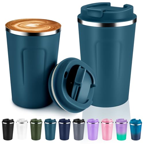 Volhoply 360 ml Doppelwandige Isolierte Vakuum-Reise Thermobecher mit Klappdeckel (2er-Pack),Edelstahl kaffeetasse,Tragbarer kaffeebecher für Heiße & Kalte Getränke (Blau,2 Sets) von Volhoply