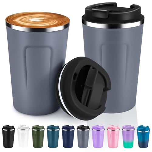 Volhoply 360 ml Doppelwandige Isolierte Vakuum-Reise Thermobecher mit Klappdeckel (2er-Pack),Edelstahl kaffeetasse,Tragbarer kaffeebecher für Heiße & Kalte Getränke (Grau,2 Sets) von Volhoply