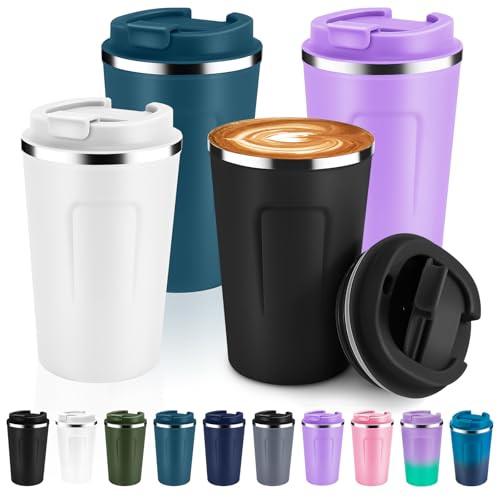 Volhoply 360 ml Doppelwandige Isolierte Vakuum-Reise Thermobecher mit Klappdeckel (4er-Pack),Edelstahl kaffeetasse,Tragbarer Isolierbecher für Heiße & Kalte Getränke (Gemischte Farben,4 Sets) von Volhoply