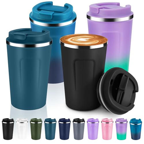 Volhoply 360 ml Doppelwandige Isolierte Vakuum-Reise Thermobecher mit Klappdeckel (4er-Pack),Edelstahl kaffeetasse,Tragbarer kaffeebecher für Kalte Getränke (Assortiert,4 Sets) von Volhoply