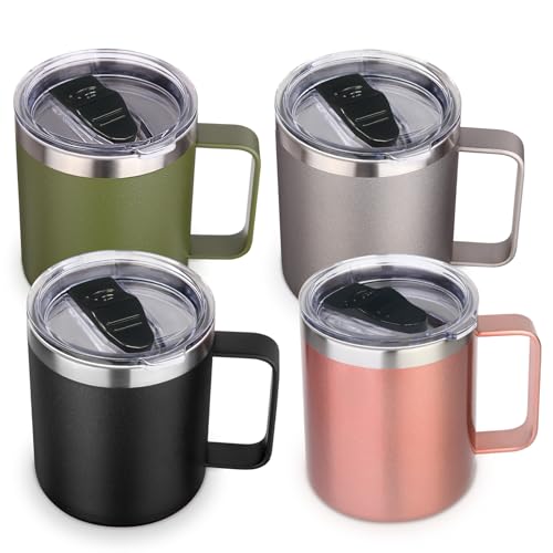 Volhoply 420ml isolierte Edelstahl-Kaffeebecher mit auslaufsicherem Deckel,doppelwandige Vakuum-Reisetasse mit Henkel, Metall-Thermobecher,Campingbecher,die heiß/kalt halten(Mix,4) von Volhoply