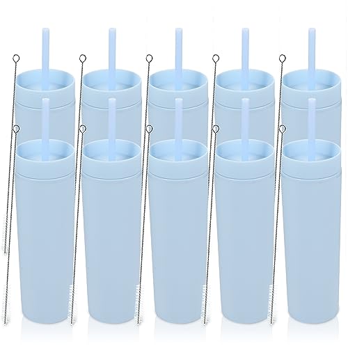 Volhoply 480ml Kunststoff Skinny Becher Mit Deckel und Strohhalm Bulk 10 Pack, Isolierte Doppelte Wand Bpa Frei Matte Acryl Becher, Eiskaffee Reise e Party Cup, Diy Geschenke(Blau,10 Set) von Volhoply