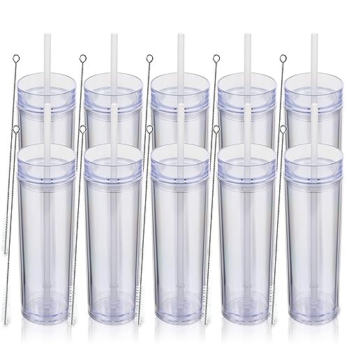 Volhoply 480ml Kunststoff Skinny Becher Mit Deckel und Strohhalm Bulk 10 Pack, Isolierte Doppelte Wand Bpa Frei Matte Acryl Becher, Eiskaffee Reise e Party Cup, Diy Geschenke(Klar,10 Set) von Volhoply