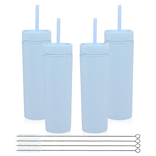 Volhoply 480ml Kunststoff Skinny Becher Mit Deckel und Strohhalm Bulk 4 Pack, Isoliert Doppelwand Bpa Frei Matte Acryl Becher, Eiskaffee Reisebecher Party Cup,Diy Geschenke(Blau,4 Set) von Volhoply