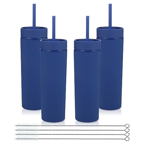 Volhoply 480ml Kunststoff Skinny Becher Mit Deckel und Strohhalm Bulk 4 Pack, Isoliert Doppelwand Bpa Frei Matte Acryl Becher, Eiskaffee Reisebecher Party Cup,Diy Geschenke(Marineblau,4 Set) von Volhoply