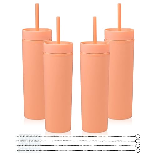 Volhoply 480ml Kunststoff Skinny Becher Mit Deckel und Strohhalm Bulk 4 Pack, Isoliert Doppelwand Bpa Frei Matte Acryl Becher, Eiskaffee Reisebecher Party Cup,Diy Geschenke(orange,4 Set) von Volhoply