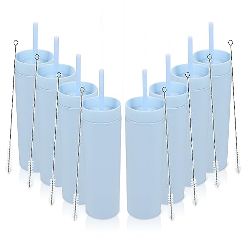 Volhoply 480ml Kunststoff Skinny Becher Mit Deckel und Strohhalm Bulk 8 Pack, Isoliert Doppelwand Bpa Frei Matt Acryl Becher, Eiskaffee Reisebecher Party Cup, Diy Geschenke(Blau,8 Set) von Volhoply