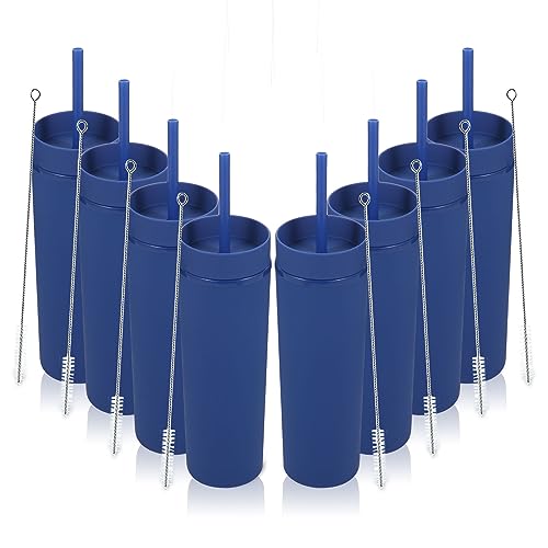 Volhoply 480ml Kunststoff Skinny Becher Mit Deckel und Strohhalm Bulk 8 Pack, Isoliert Doppelwand Bpa Frei Matt Acryl Becher, Eiskaffee Reisebecher Party Cup, Diy Geschenke(Marineblau,8 Set) von Volhoply