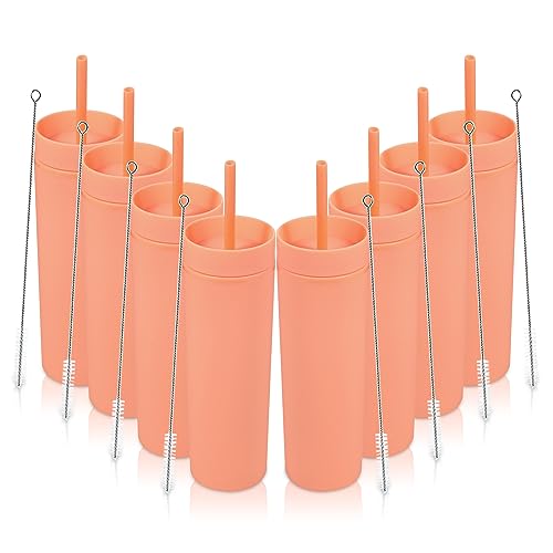 Volhoply 480ml Kunststoff Skinny Becher Mit Deckel und Strohhalm Bulk 8 Pack, Isoliert Doppelwand Bpa Frei Matt Acryl Becher, Eiskaffee Reisebecher Party Cup, Diy Geschenke(orange,8 Set) von Volhoply