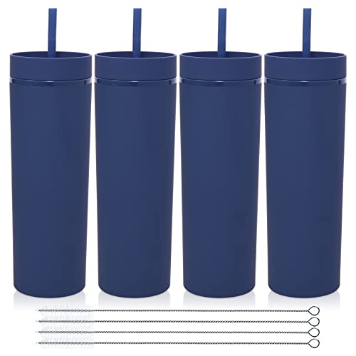 Volhoply 600 ml Trinkbecher mit Deckel und Strohhalm Viererpack,20oz Doppelwandiger Wiederverwendbar Reisebecher Kinder,BPA-freier Matte Pastellfarben Acryl-Plastikbecher für Geschenk(Marine,4 Stück) von Volhoply