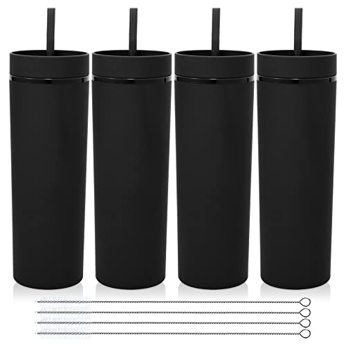 Volhoply 600 ml Trinkbecher mit Deckel und Strohhalm Viererpack,20oz Doppelwandiger Wiederverwendbar Reisebecher,BPA-freier Matte Pastellfarben Acryl-Plastikbecher für Geschenk(Schwarz,4 Stück) von Volhoply