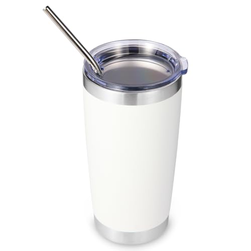 Volhoply 600ml（20oz） Thermobecher mit Deckel und Strohhalm,Doppelwandiger isolierter Reise-Eiskaffeebecher Passend für Auto-Tassenhalter,Pulverbeschichtete Becher für heiße und kalte Getränke,(Weiß,1) von Volhoply