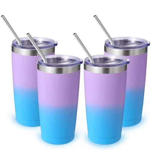 Volhoply 600ml（20oz） Thermobecher mit Deckel und Strohhalm Bulk 4 Pack,Doppelwandige isolierte Reise Eiskaffee Becher Passt Tassenhalter,Pulverbeschichtete Tassen für heiße/kalte Getränke(Lavendel,4) von Volhoply