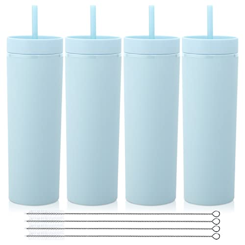 Volhoply 600ml Trinkbecher mit Deckel und Strohhalm Viererpack,Doppelwandiger Wiederverwendbar Reisebecher,BPA-freier Matte Pastellfarben Acryl-Plastikbecher für Fruchtsaft,Geschenk,Eiskaffee(Blau,4) von Volhoply