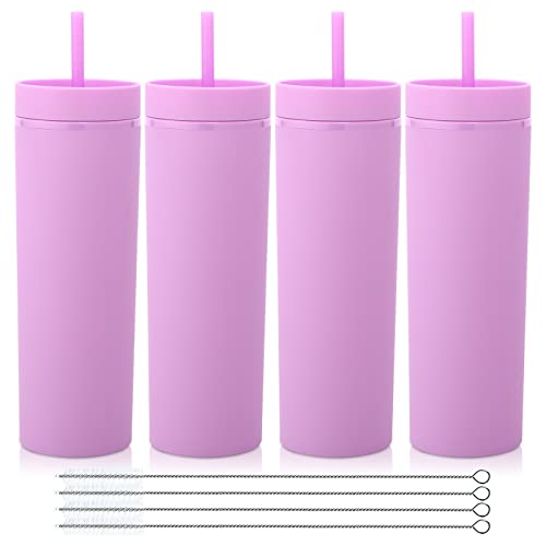 Volhoply 600ml Trinkbecher mit Deckel und Strohhalm Viererpack,Doppelwandiger Wiederverwendbar Reisebecher,BPA-freier Matte Pastellfarben Acryl-Plastikbecher für Fruchtsaft,Geschenk,Eiskaffee(Lila,4) von Volhoply